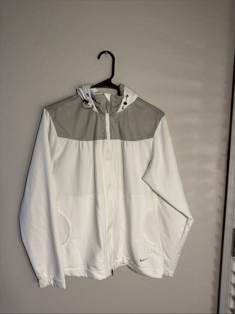Nike White and Light Gray Hooded Windbreaker Jacket